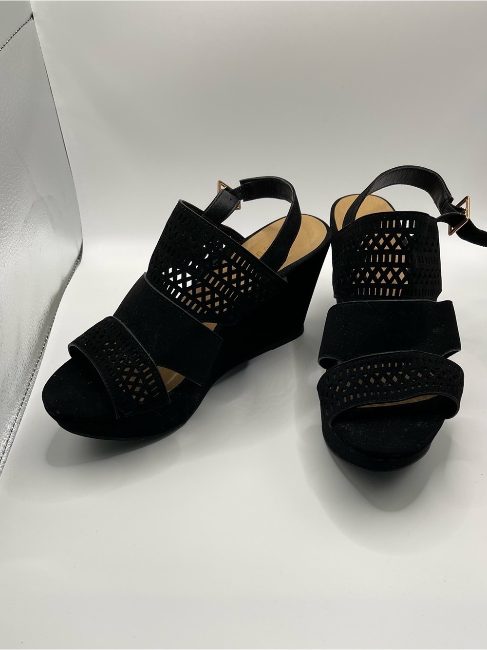 Womens Black Laser-Cut Wedge Sandals